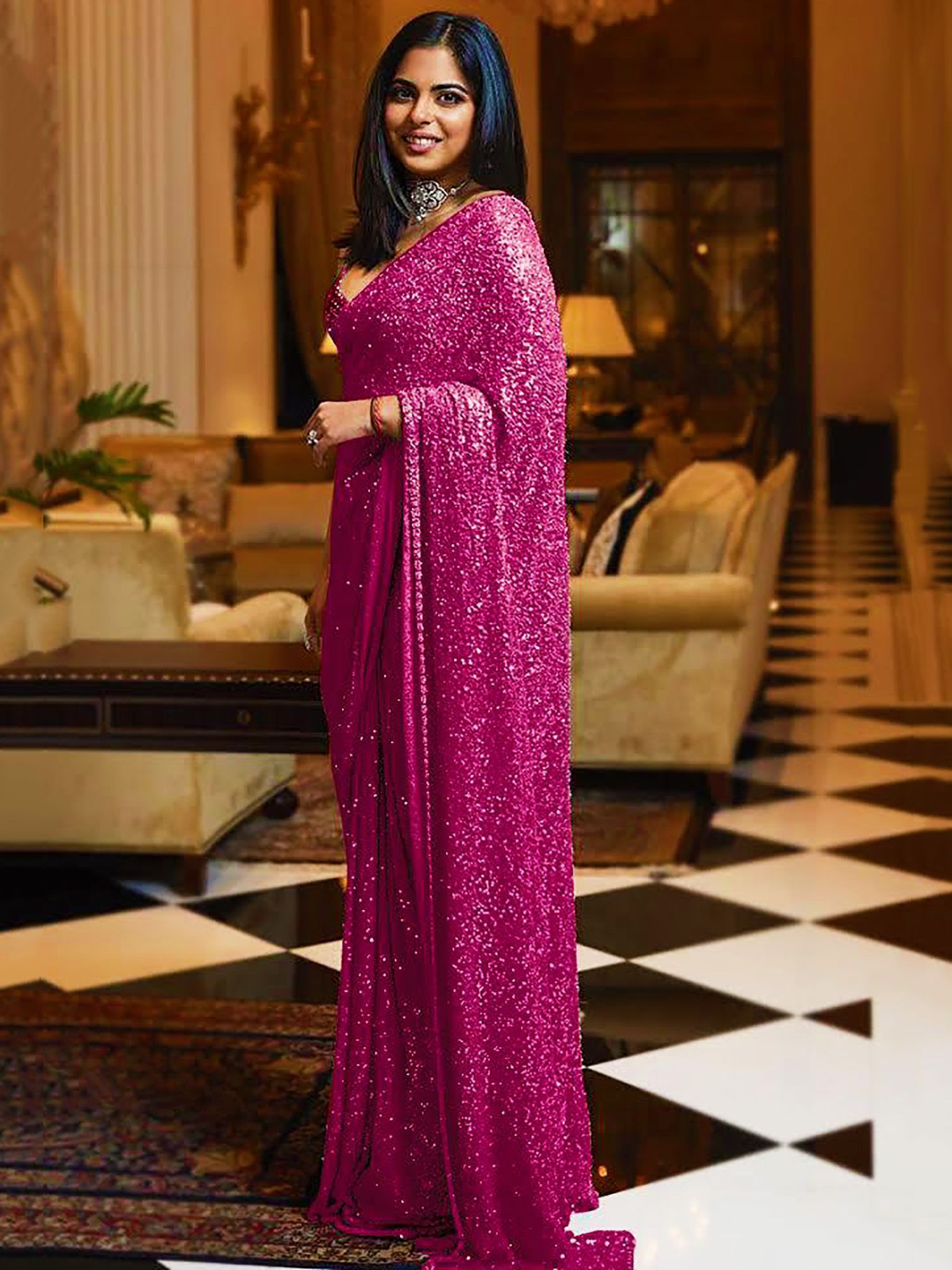 Order Isha Ambani Sabyasachi Pink Sequins Georgette Party Wear Saree with  Blouse