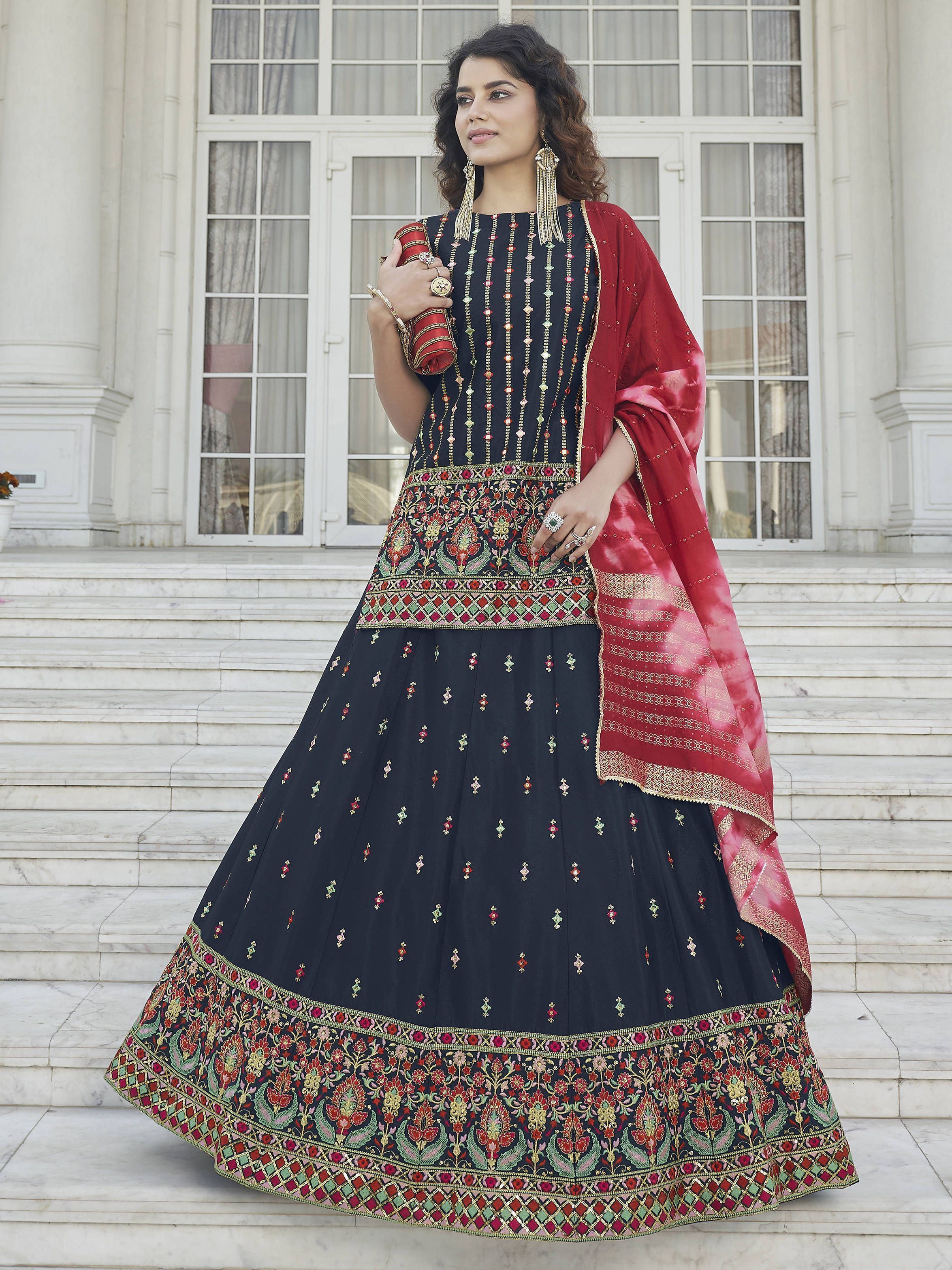 Buy Navy Blue Chinon Rajasthani Lehenga With Long Top From Ethnic Plus.