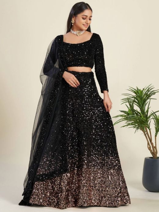 Buy S S FAB Women's Net Embroidered chain Full Sleeve Round Neck Wedding &  Festive Black Lehenga Choli at Amazon.in