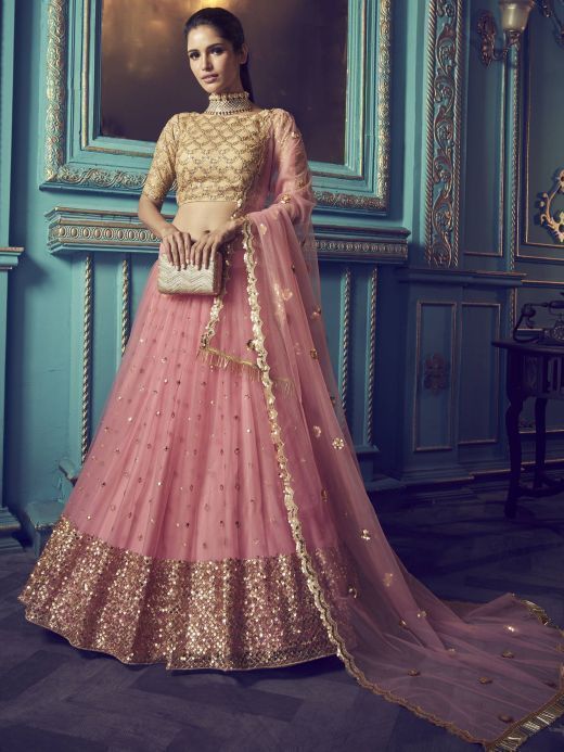 Pink Beige Sequins Net Wedding Wear Lehenga Choli With Dupatta
