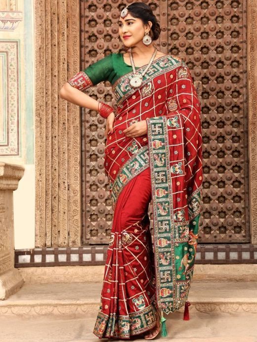 Buy Red Saree Gown In Crepe With Frill Sleeves And Delicate Hand Embroidery  KALKI Fashion India