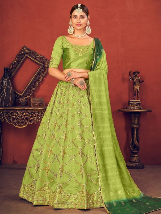 Green Thread Embroidered Art Silk Party Wear Lehenga Choli