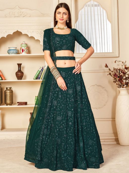 Green Thread Embroidered Georgette Party Wear Lehenga Choli