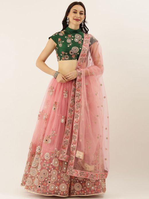 Peach & Green Embroidered Semi-Stitched Lehenga & Unstitched Blouse with Dupatta