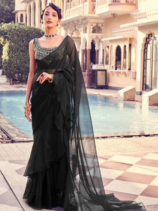 Dazzling Black Sequines Organza Cocktail Party Frill Saree With Blouse