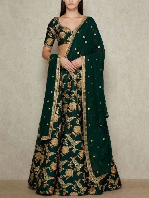 Sabyasachi Green Embroidered Silk Wedding Wear Lehenga Choli