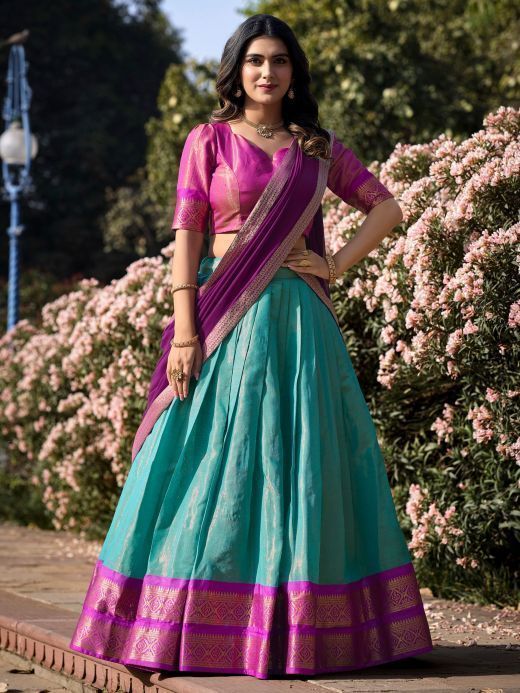 Incredible Sky-Blue Zari Weaving Kanchipuram Silk Lehenga Choli