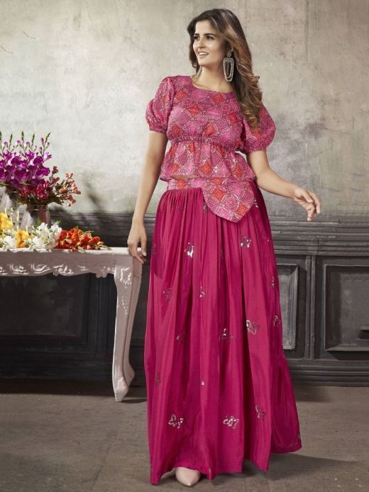 Glamorous Pink Color Sequined Silk Ready-To-Wear Crop-Top Lehenga