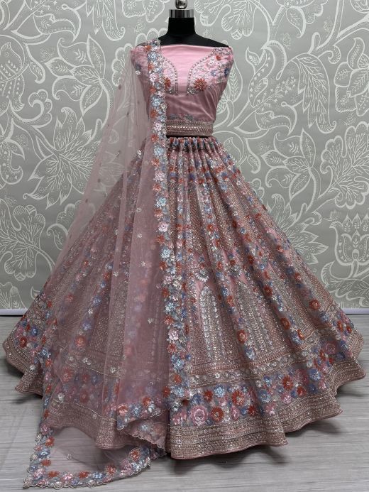 Amazing Pink Sequins Net Bridesmaid Lehenga Choli With Dupatta