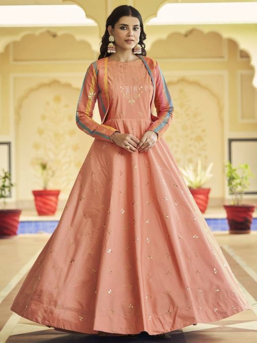 Marvelous Peach Sequins Work Cotton Gown With Jacket