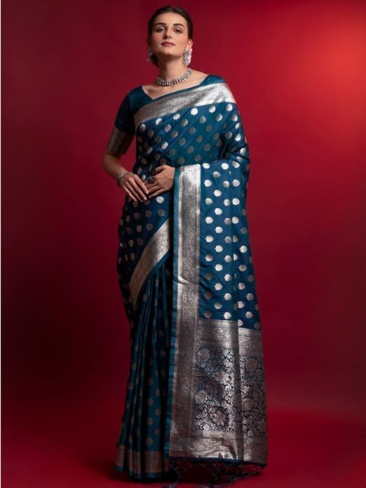 Delightful Blue Zari Weaving Silk Wedding Wear Saree With Blouse
