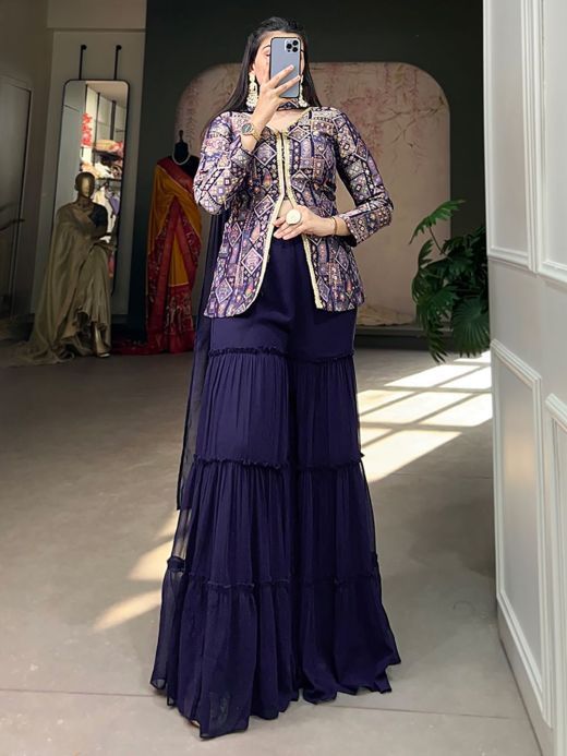 Beautiful Blue Weaving Work Jacquard Silk Reception Wear Sharara Suit