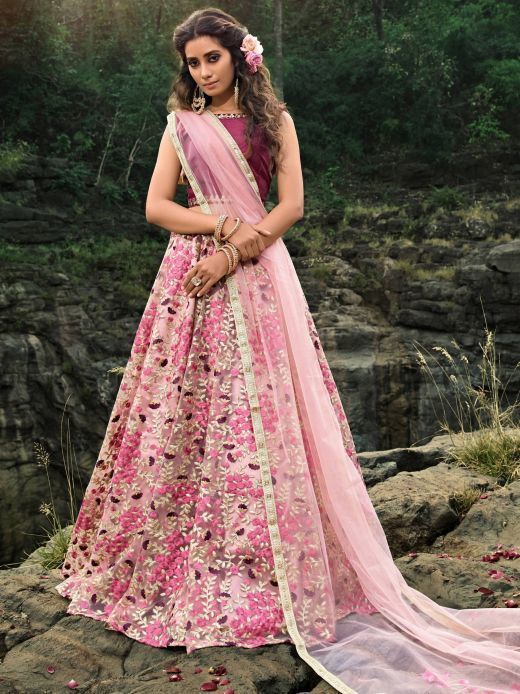 Pink Magenta Floral Thread Embroidered Soft Net Party Wear Lehenga Choli