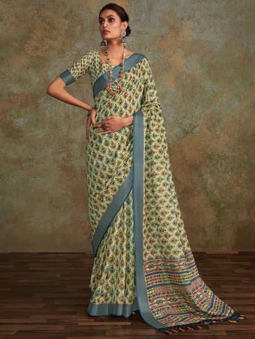 Marvelous Sea Green Digital Printed Silk Event Wear Saree With Blouse