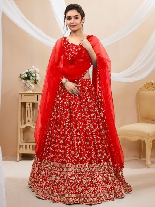 Attractive Red Embroidered Georgette Wedding Wear Lehenga Choli