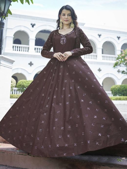 Desirable Brown Cotton Sequins Event Wear Long Anarkali Gown With Koti