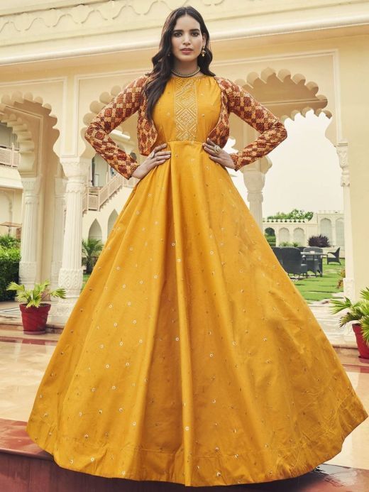 Wonderful Mustard Yellow Sequins Work Cotton Gown With Jacket