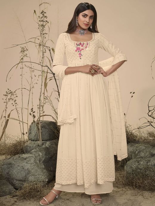 Stunning Off-White Embroidered georgette Festive Wear Palazzo Suit