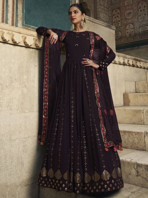 Ravishing Dark Purple Color Sequined Georgette Wedding Wear Gown