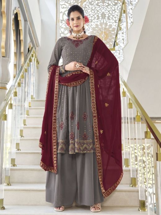 Classic Grey Embroidered Georgette Events Wear Palazzo Suit