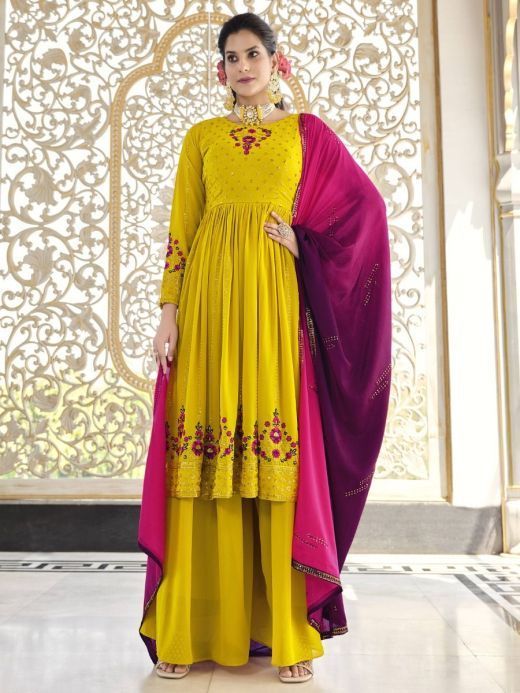 Glorious Yellow Embroidered Georgette Occasion Wear Palazzo Suit