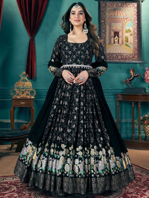 Fascinating Black Foil Printed Georgette Reception Gown With Belt