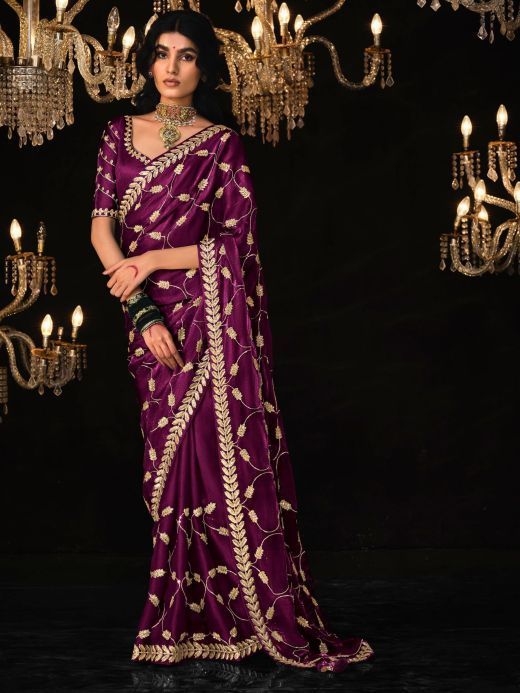 Beautiful Wine Embroidered Tissue Silk Function Wear Saree With Blouse