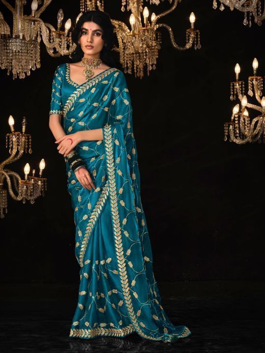 Gorgeous Sky-Blue Embroidered Tissue Silk Traditional Saree With Blouse