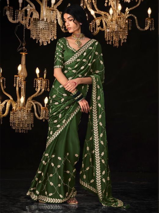 Alluring Green Embroidered Tissue Silk Mehendi Wear Saree With Blouse