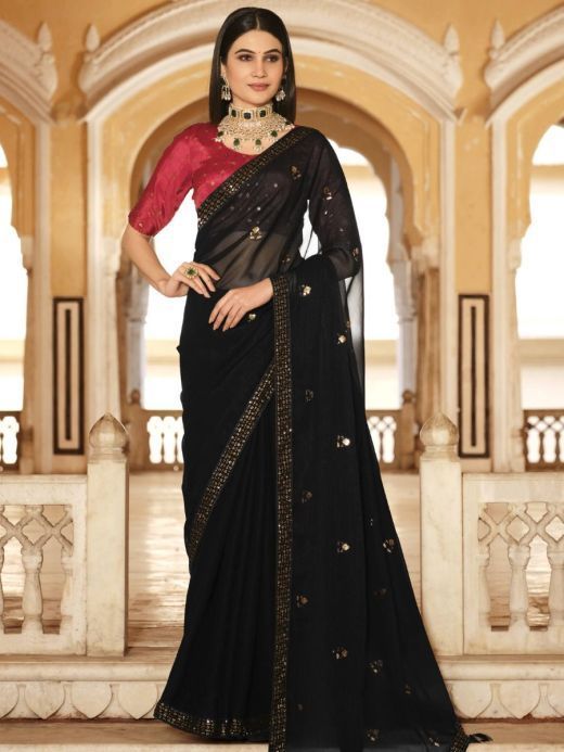 Black Saree : Buy Stunning Party Wear Black Color Saree Online at Ethnic  Plus