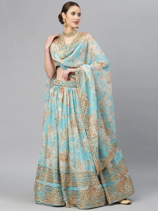 Blue & Peach-Coloured Embellished Sequinned Myntra Lehenga & Unstitched Blouse