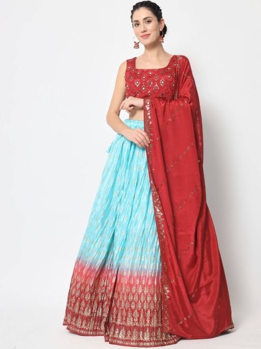  Classic Sky-Color Foil printed Silk festive wear Lehenga Choli