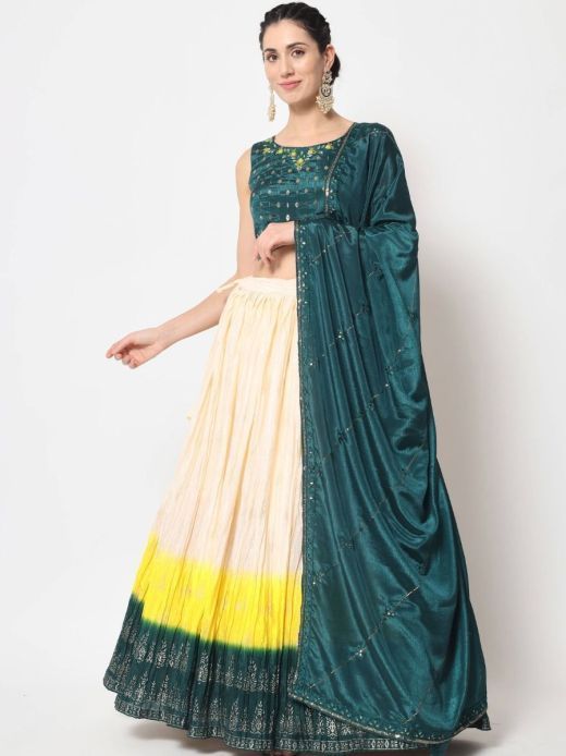 Attractive Beige Foil Print Silk Festive Wear Lehenga Choli With Dupatta