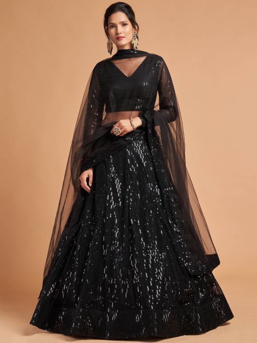 Stunning Black Thread Embroidered Net Party Wear Lehenga Choli