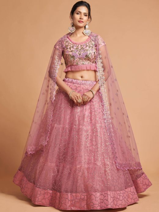 Blush Pink Dori Thread Embroidered Net Wedding Lehenga Choli