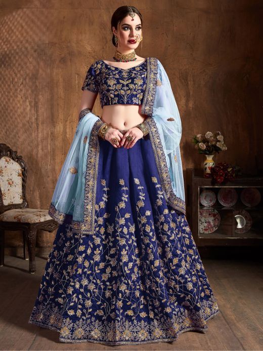 Navy Blue Sequins Raw Silk Bridal Lehenga Choli With Sky Blue Dupatta 