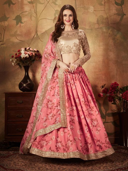 Pink Floral Digital Printed Organza Wedding Wear Lehenga Choli