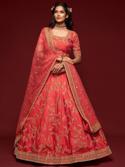 Coral Red Thread Embroidery Art Silk Wedding Wear Lehenga Choli