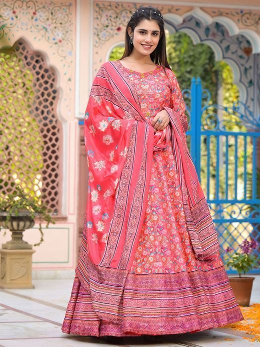 Awesome Coral Red Digital Printed Dola Silk Gown With Dupatta