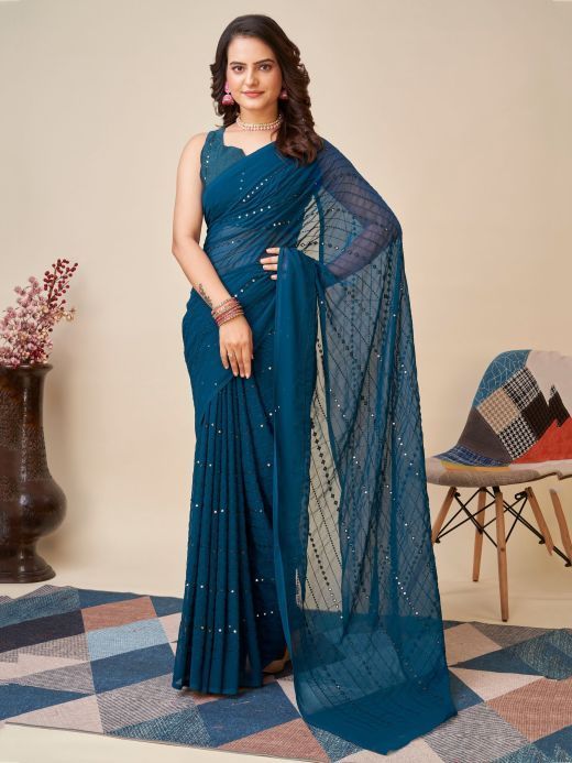 Soft silk blissful night blue colored, designer wear saree