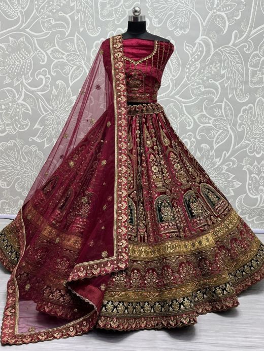 Adorable Rani Pink Dori Work Velvet Bridal Lehenga Choli With Dupatta