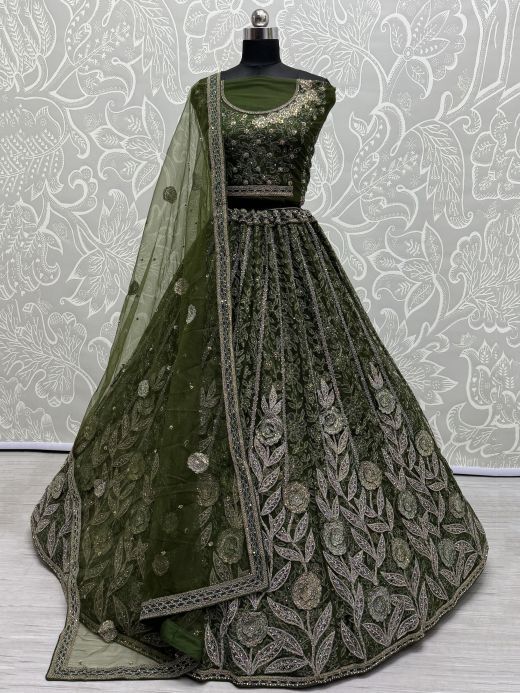 Enchanting Green Embroidered Net Mehendi Wear Lehenga Choli