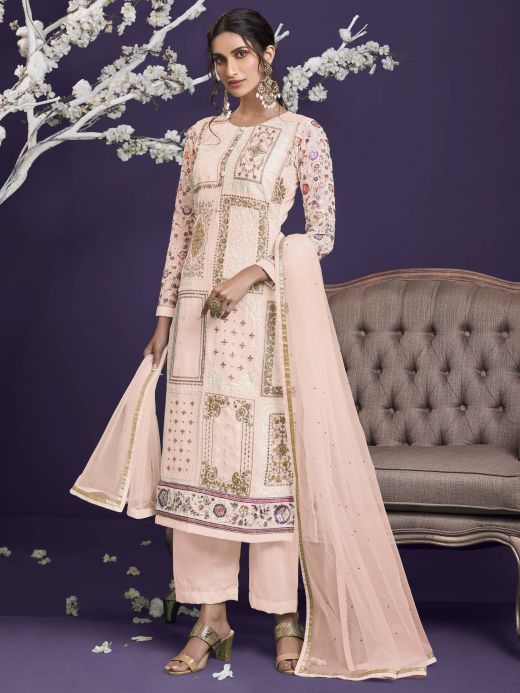 Gorgeous Peach Floral Embroidery Party Wear Salwar Suit