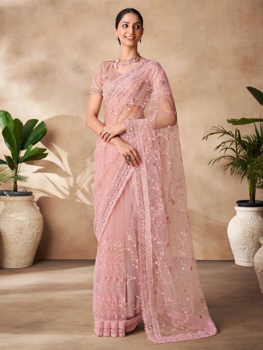 Beautiful Peach Thread Work Net Party Wear Saree With Blouse
