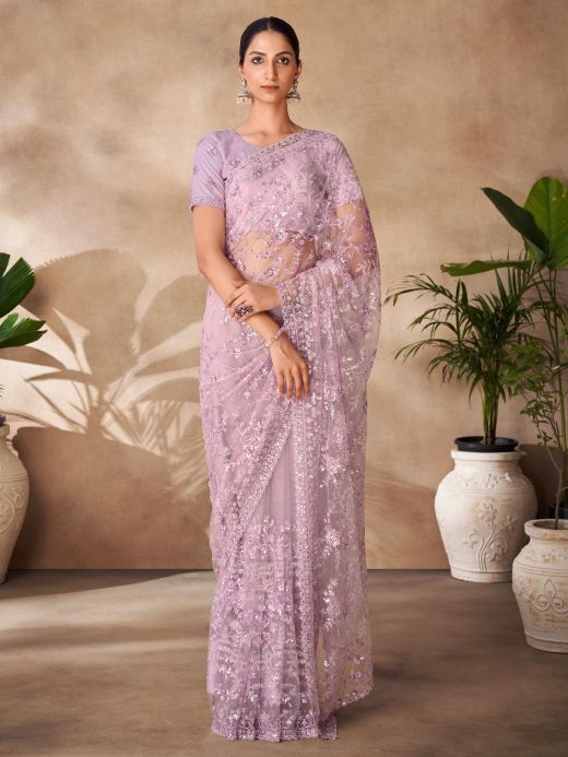 Gorgeous Lavender Sequins Net Reception Wear Saree With Blouse