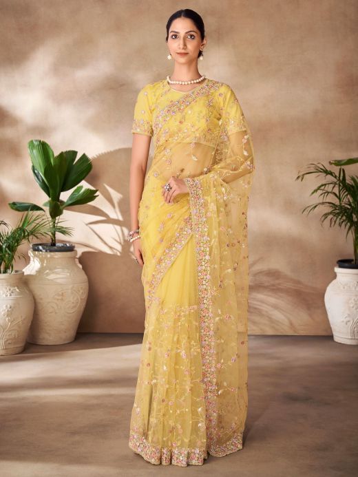 Captivating Yellow Sequins Net Event Wear Saree With Blouse