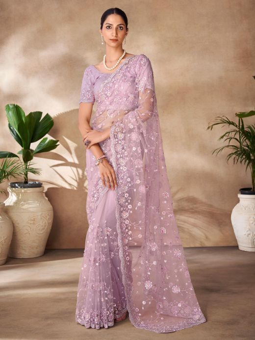 Fascinating Lilac Thread Work Net Party Wear Saree With Blouse
