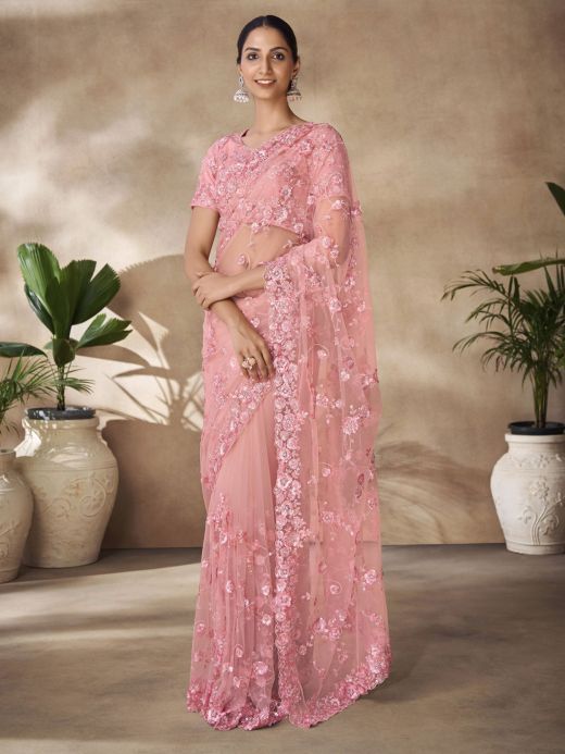Mesmerizing Peach Sequins Net Reception Wear Saree With Blouse