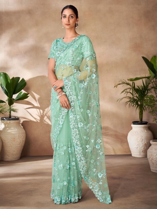Bewitching Mint Green Sequins Net Designer Saree With Blouse