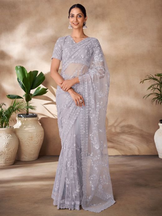 Attractive Grey Sequins Net Party Wear Saree With Blouse